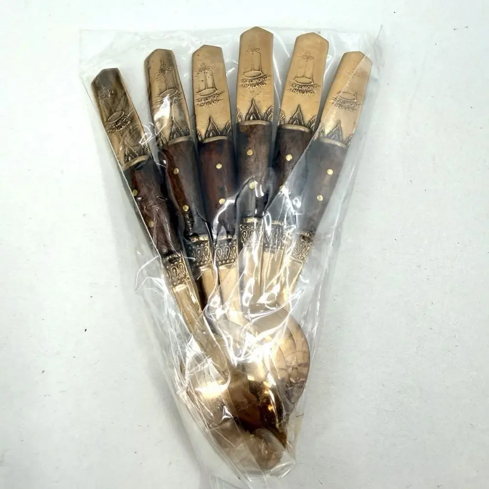 CKE L. Bronze & Wood Thailand 12pc Demitasse Spoon & Appetizer Fork Set MCM